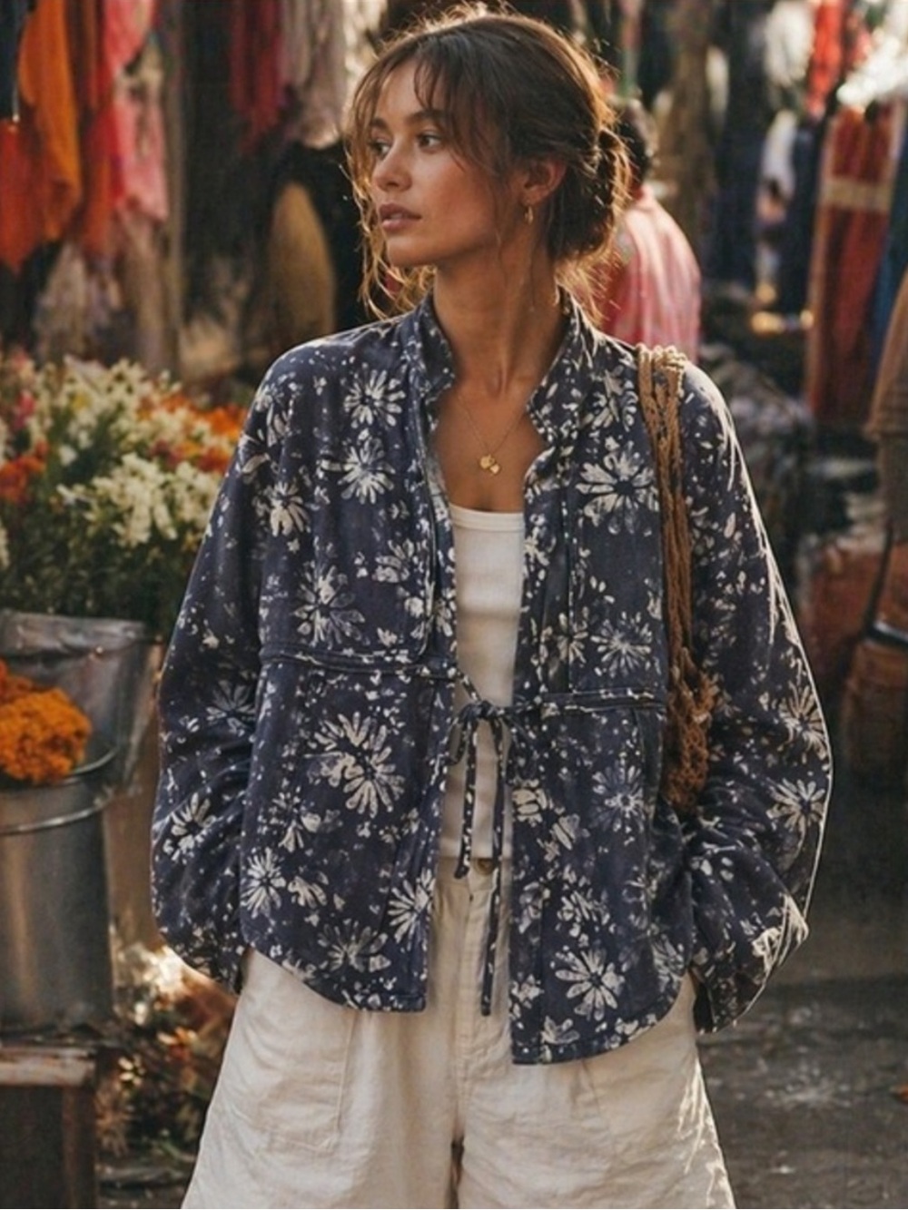 Free People Lua Bed Jacket Navy & White Floral Size Large